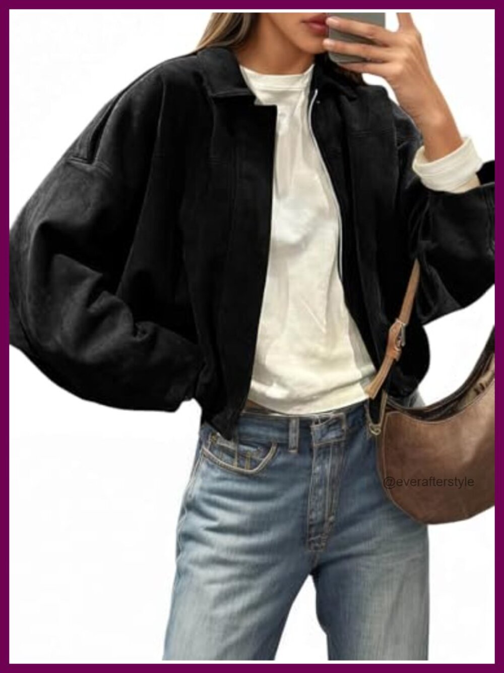 Faux Suede Cropped Bomber Jacket Oversized Zip Up Casual Coat